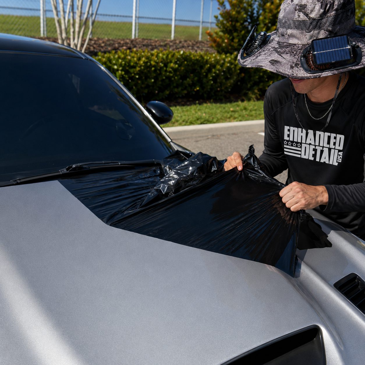 Enhanced Detail USA technician wrapping a windshield for paint correction