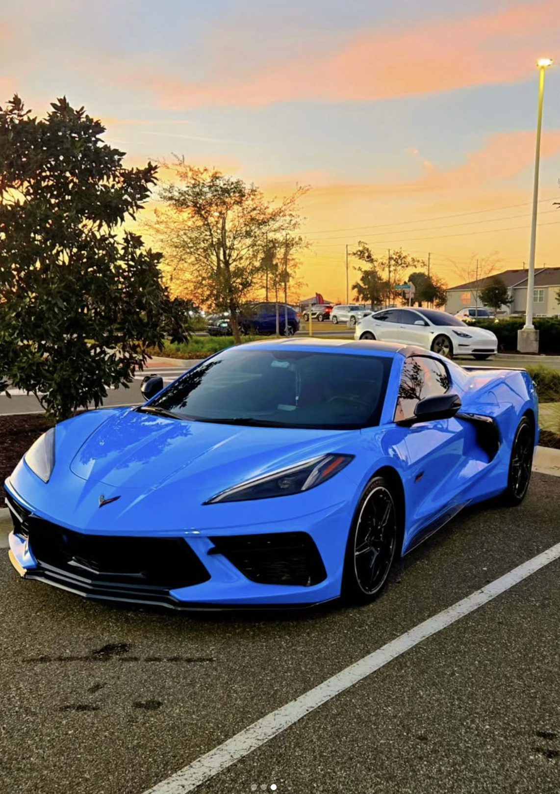 Blue Chevrolet Corvette at sunset after a full exterior detail and 10-year ceramic coating